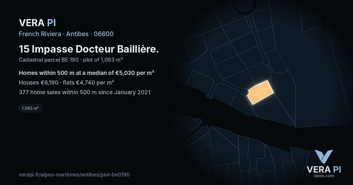 15 Impasse Docteur Baillière, Antibes at night – the plot lit, the parcels around coloured by the prices near them
