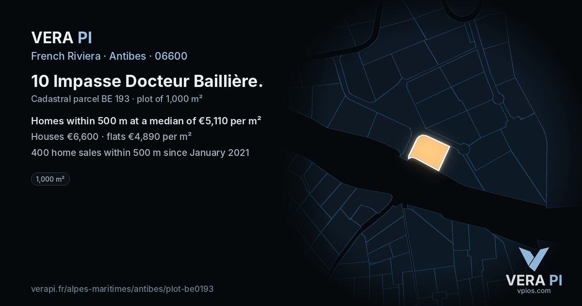 10 Impasse Docteur Baillière, Antibes at night – the plot lit, the parcels around coloured by the prices near them