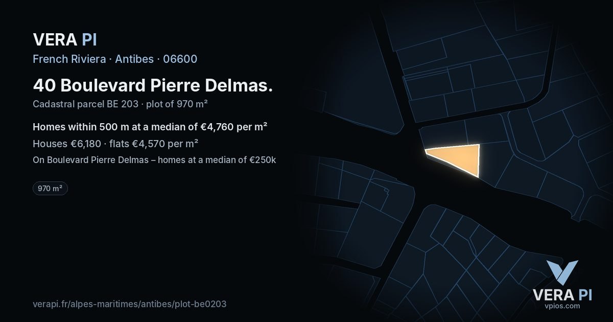 40 Boulevard Pierre Delmas, Antibes at night – the plot lit, the parcels around coloured by the prices near them