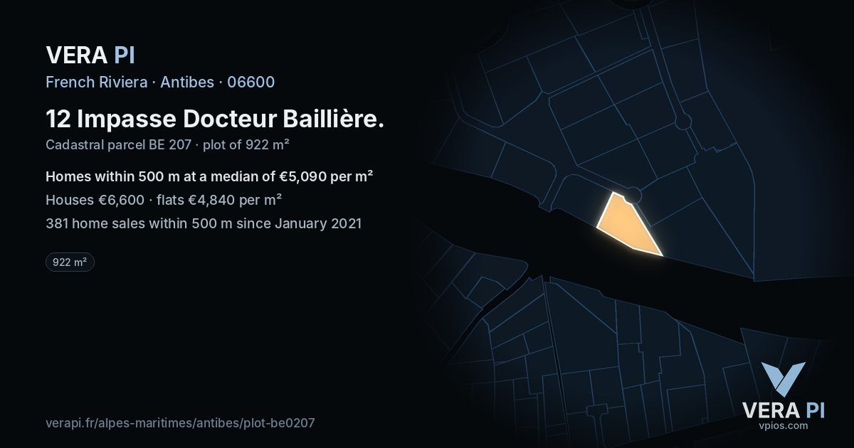 12 Impasse Docteur Baillière, Antibes at night – the plot lit, the parcels around coloured by the prices near them