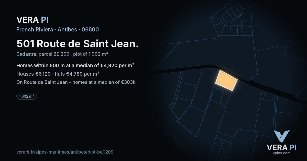 501 Route de Saint Jean, Antibes at night – the plot lit, the parcels around coloured by the prices near them
