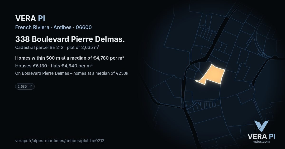 338 Boulevard Pierre Delmas, Antibes at night – the plot lit, the parcels around coloured by the prices near them