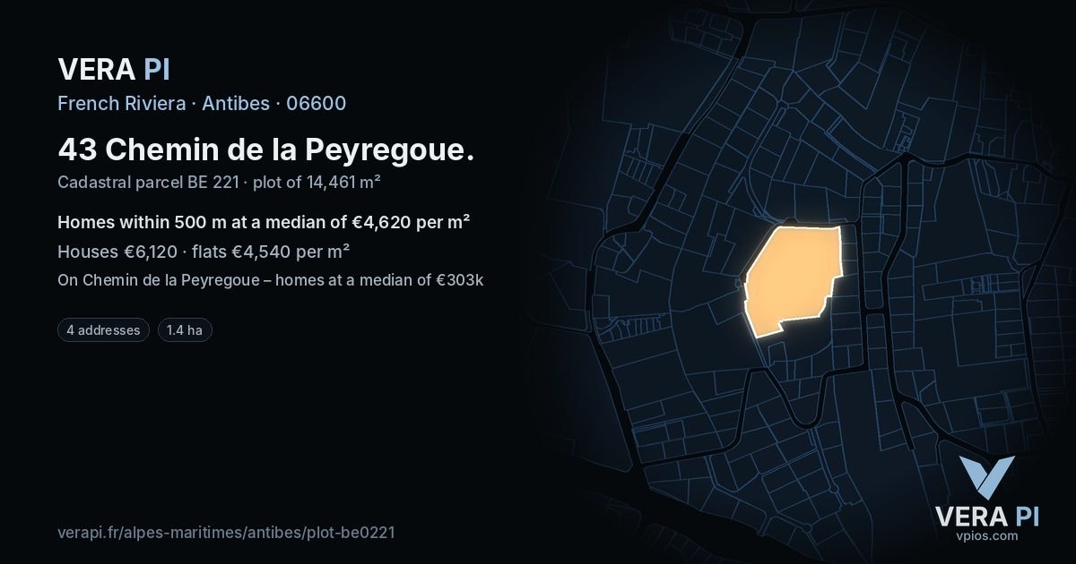 43 Chemin de la Peyregoue, Antibes at night – the plot lit, the parcels around coloured by the prices near them