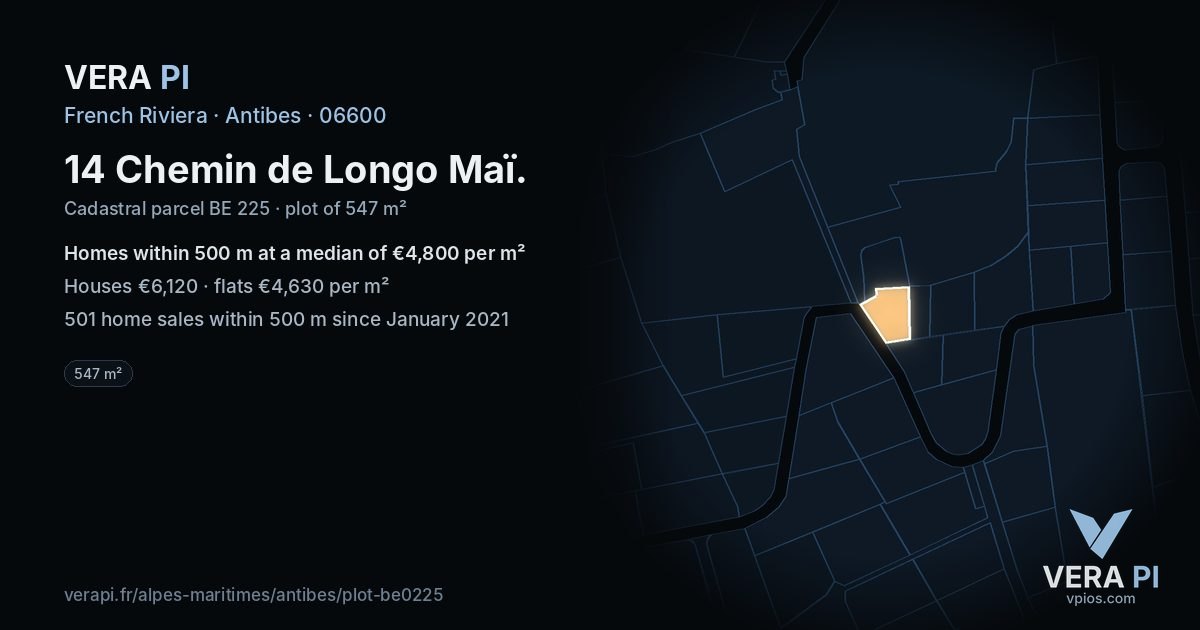 14 Chemin de Longo Maï, Antibes at night – the plot lit, the parcels around coloured by the prices near them