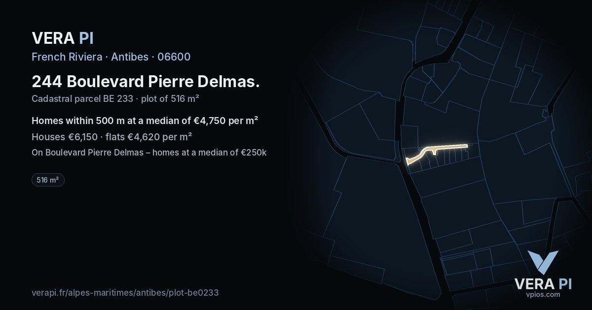 244 Boulevard Pierre Delmas, Antibes at night – the plot lit, the parcels around coloured by the prices near them