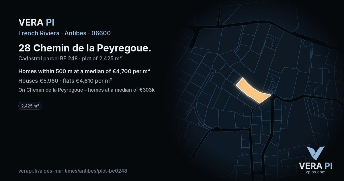 28 Chemin de la Peyregoue, Antibes at night – the plot lit, the parcels around coloured by the prices near them