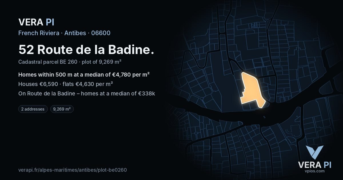 52 Route de la Badine, Antibes at night – the plot lit, the parcels around coloured by the prices near them