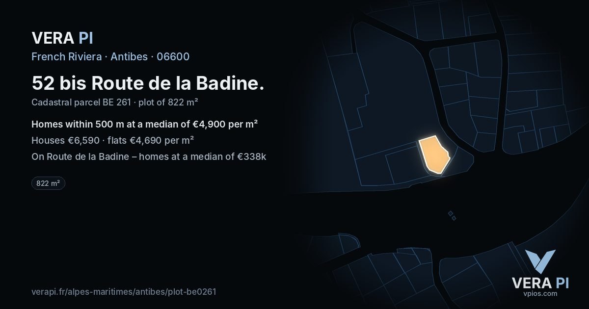 52 bis Route de la Badine, Antibes at night – the plot lit, the parcels around coloured by the prices near them