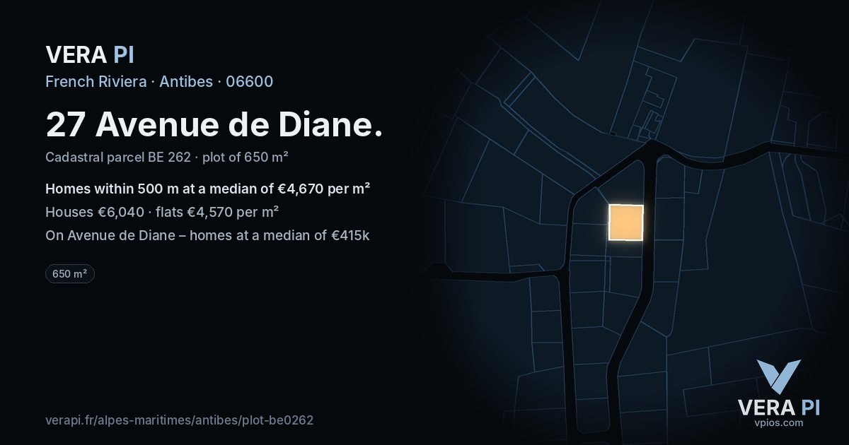 27 Avenue de Diane, Antibes at night – the plot lit, the parcels around coloured by the prices near them