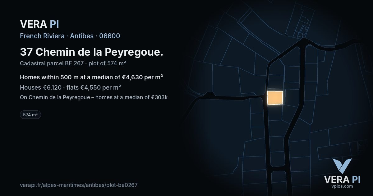 37 Chemin de la Peyregoue, Antibes at night – the plot lit, the parcels around coloured by the prices near them
