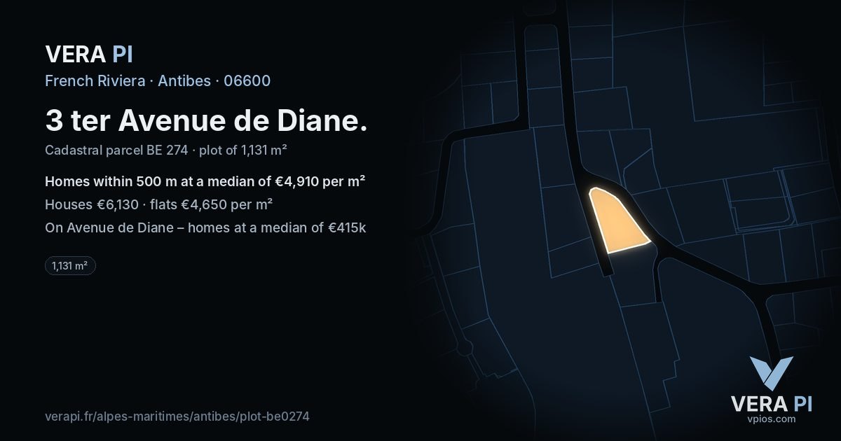 3 ter Avenue de Diane, Antibes at night – the plot lit, the parcels around coloured by the prices near them