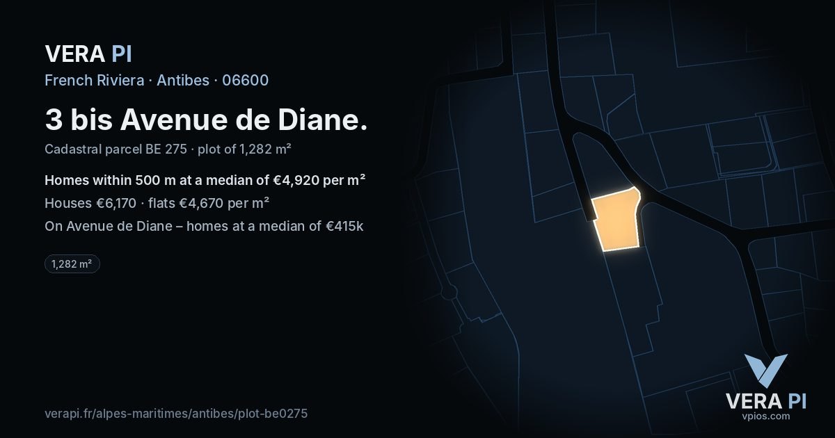 3 bis Avenue de Diane, Antibes at night – the plot lit, the parcels around coloured by the prices near them