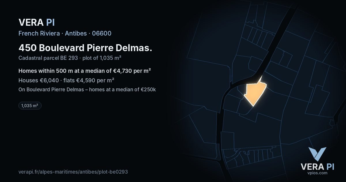 450 Boulevard Pierre Delmas, Antibes at night – the plot lit, the parcels around coloured by the prices near them