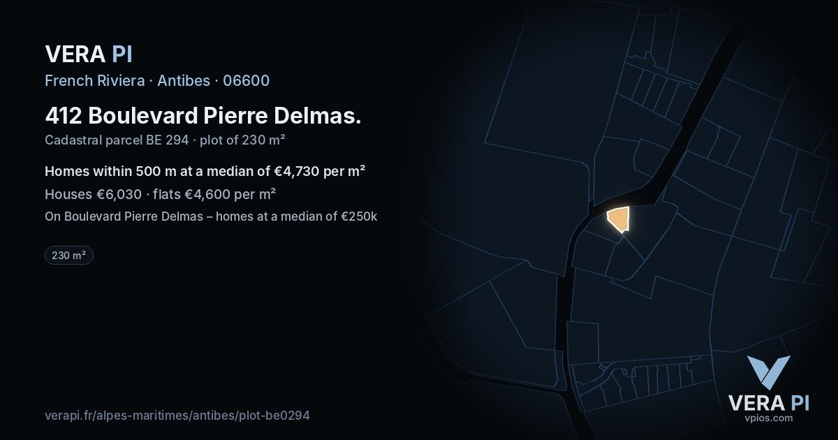 412 Boulevard Pierre Delmas, Antibes at night – the plot lit, the parcels around coloured by the prices near them