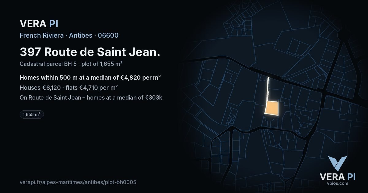 397 Route de Saint Jean, Antibes at night – the plot lit, the parcels around coloured by the prices near them