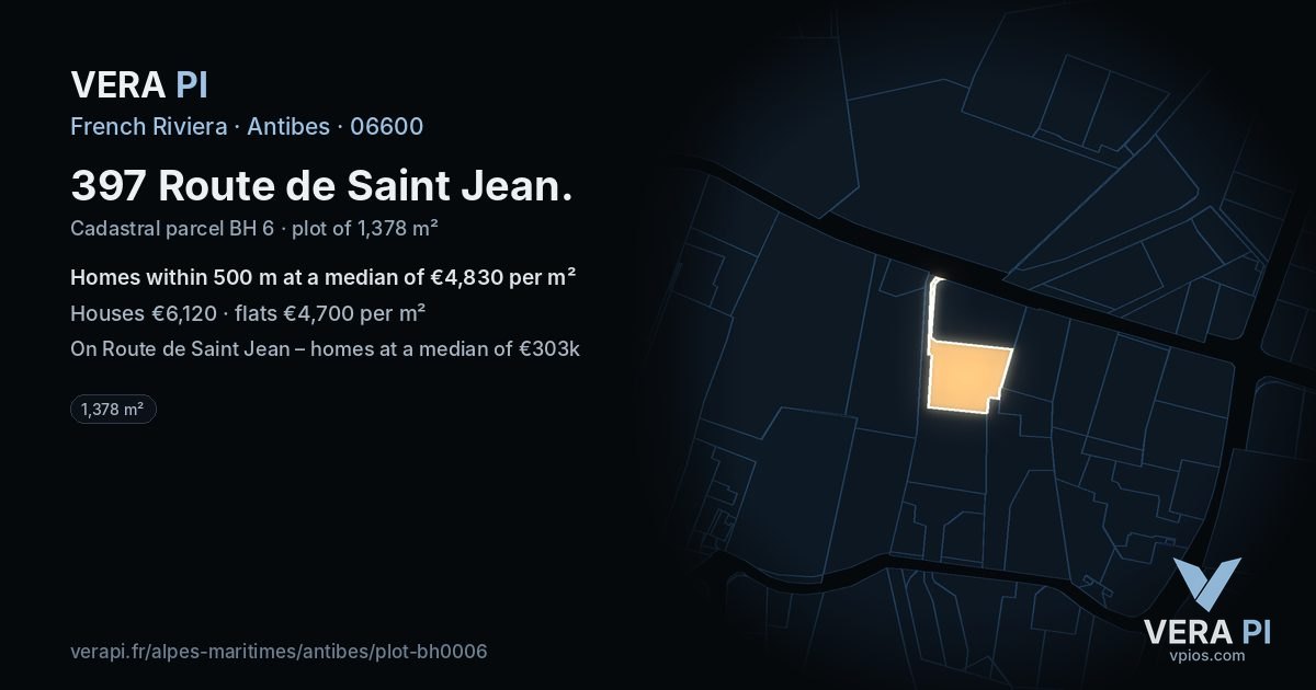 397 Route de Saint Jean, Antibes at night – the plot lit, the parcels around coloured by the prices near them