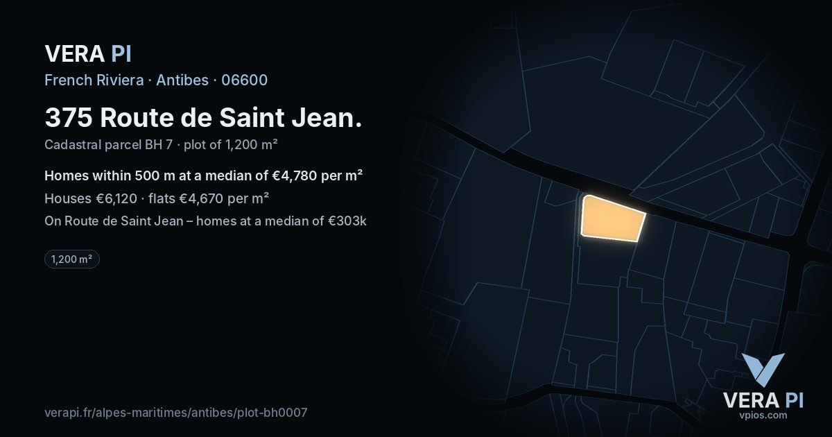 375 Route de Saint Jean, Antibes at night – the plot lit, the parcels around coloured by the prices near them
