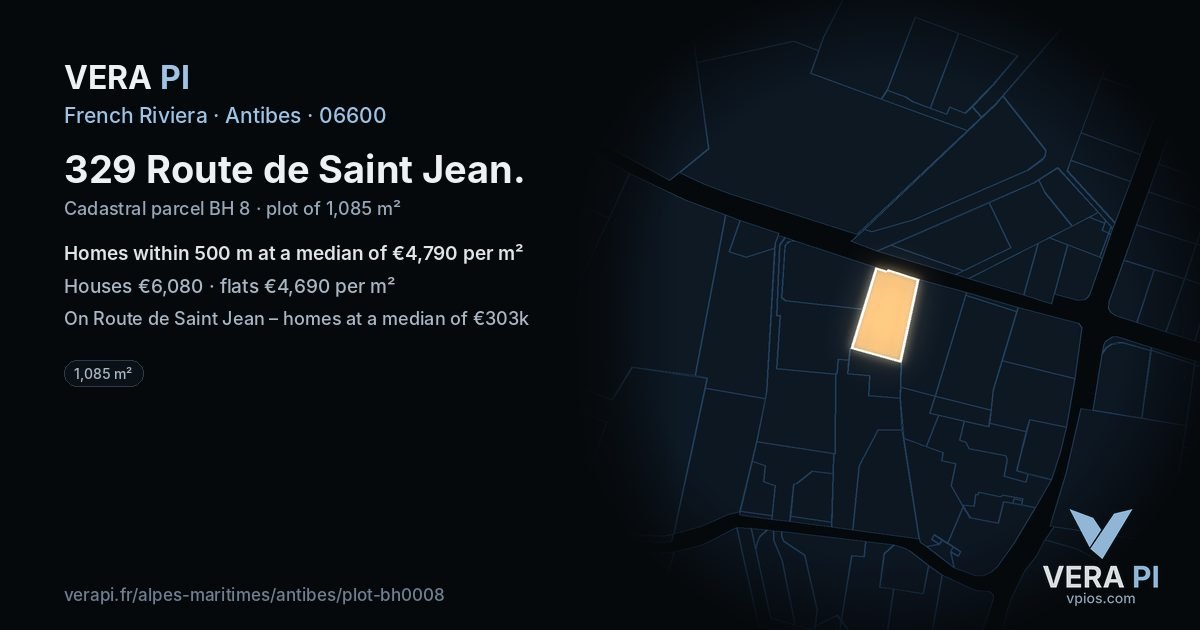 329 Route de Saint Jean, Antibes at night – the plot lit, the parcels around coloured by the prices near them