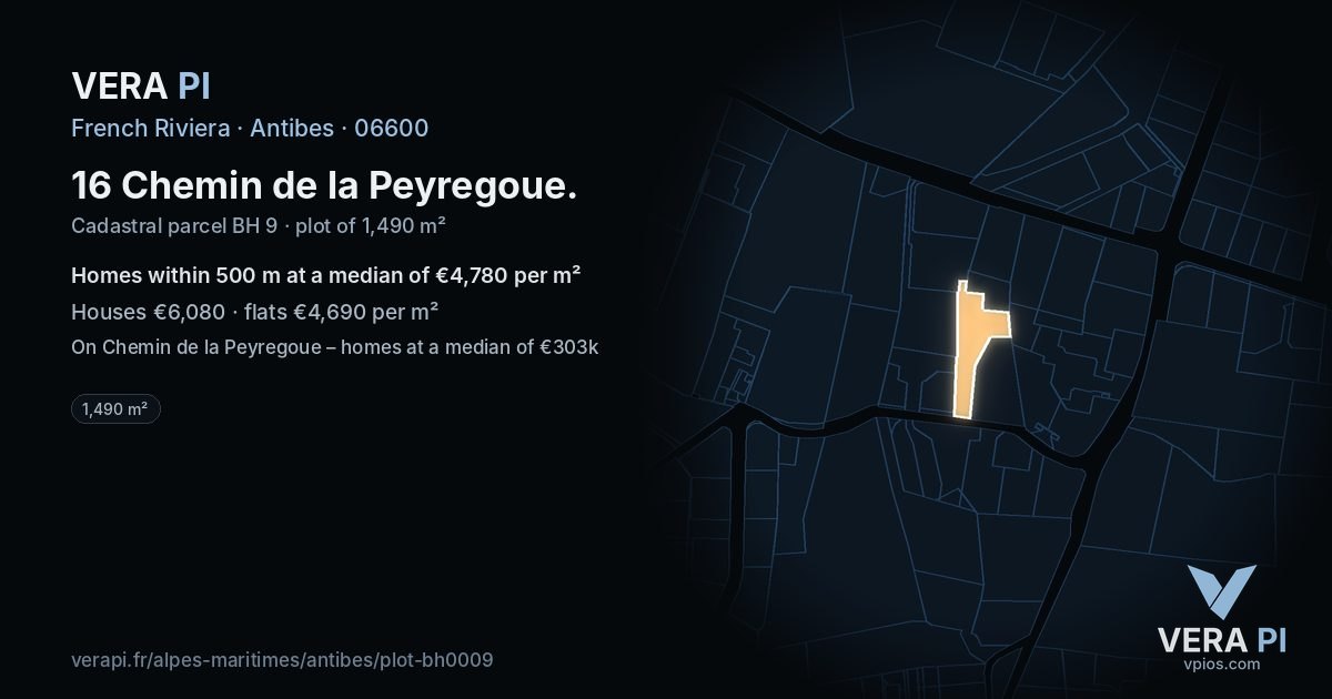 16 Chemin de la Peyregoue, Antibes at night – the plot lit, the parcels around coloured by the prices near them