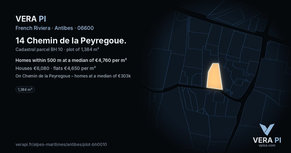 14 Chemin de la Peyregoue, Antibes at night – the plot lit, the parcels around coloured by the prices near them