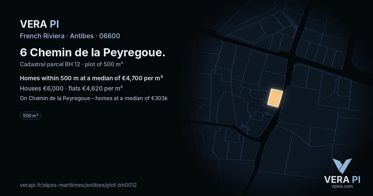 6 Chemin de la Peyregoue, Antibes at night – the plot lit, the parcels around coloured by the prices near them