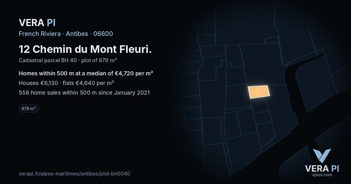 12 Chemin du Mont Fleuri, Antibes at night – the plot lit, the parcels around coloured by the prices near them