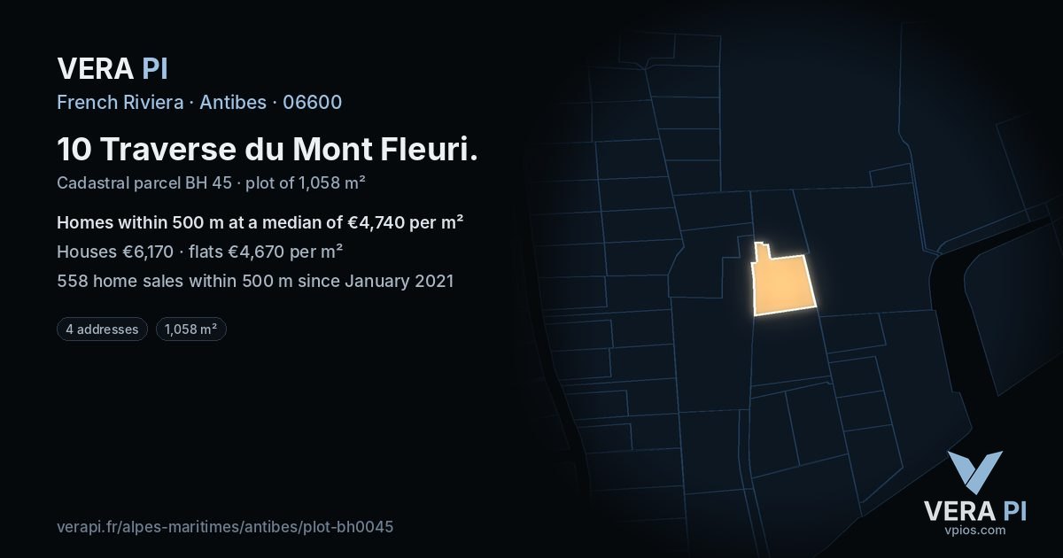 10 Traverse du Mont Fleuri, Antibes at night – the plot lit, the parcels around coloured by the prices near them