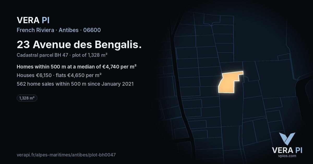 23 Avenue des Bengalis, Antibes at night – the plot lit, the parcels around coloured by the prices near them
