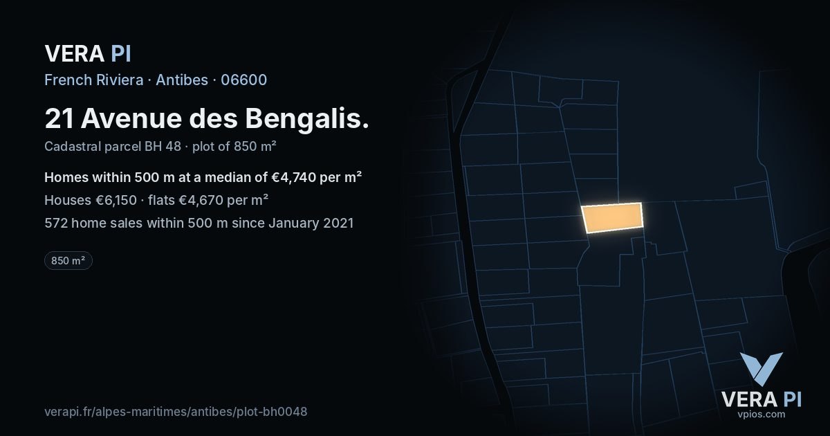 21 Avenue des Bengalis, Antibes at night – the plot lit, the parcels around coloured by the prices near them