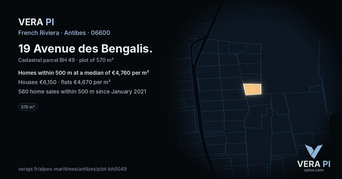 19 Avenue des Bengalis, Antibes at night – the plot lit, the parcels around coloured by the prices near them