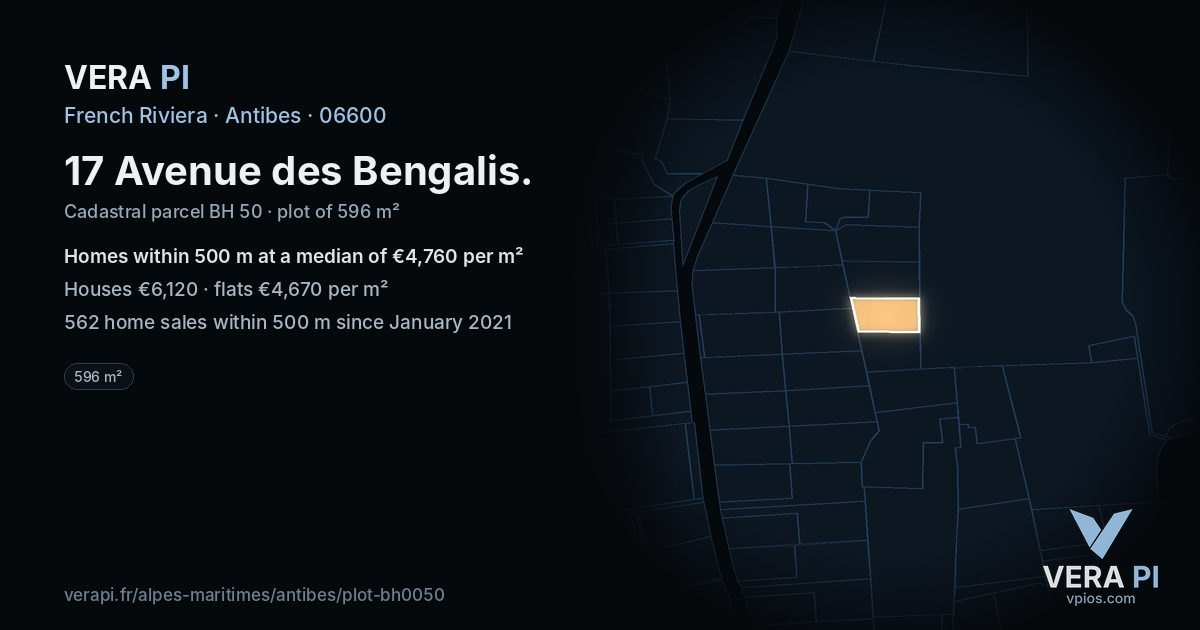 17 Avenue des Bengalis, Antibes at night – the plot lit, the parcels around coloured by the prices near them