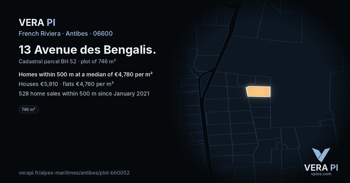13 Avenue des Bengalis, Antibes at night – the plot lit, the parcels around coloured by the prices near them