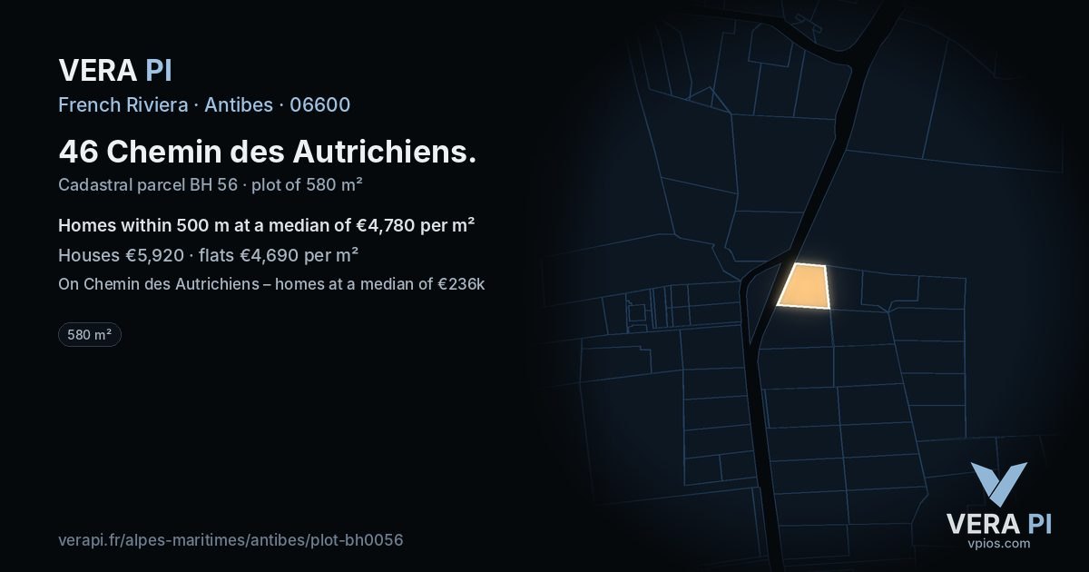 46 Chemin des Autrichiens, Antibes at night – the plot lit, the parcels around coloured by the prices near them