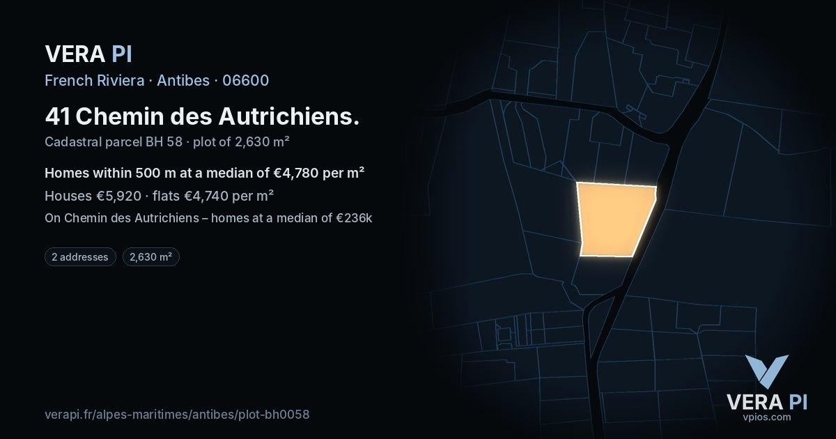 41 Chemin des Autrichiens, Antibes at night – the plot lit, the parcels around coloured by the prices near them