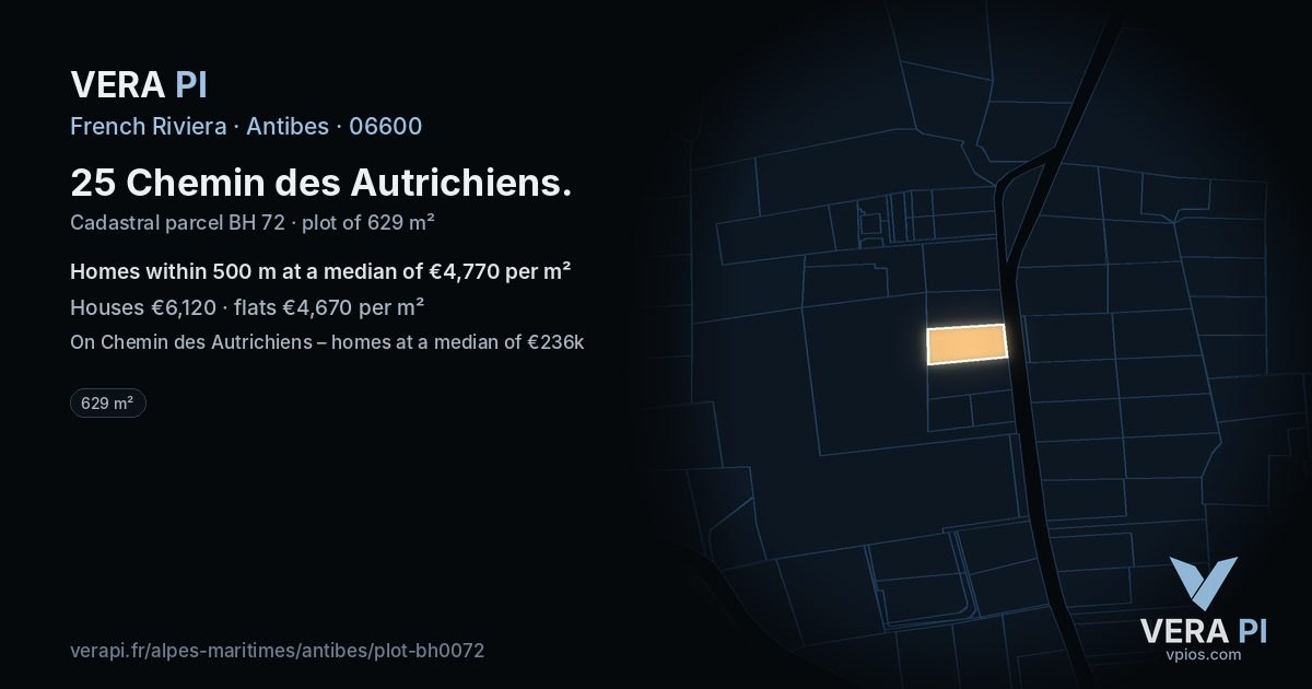 25 Chemin des Autrichiens, Antibes at night – the plot lit, the parcels around coloured by the prices near them