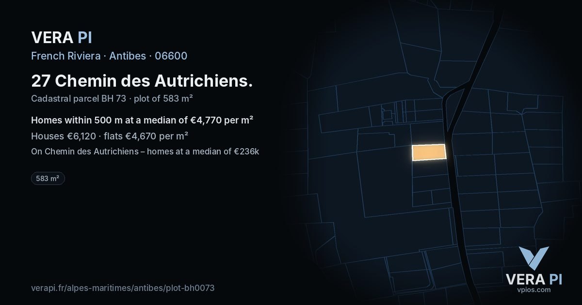 27 Chemin des Autrichiens, Antibes at night – the plot lit, the parcels around coloured by the prices near them