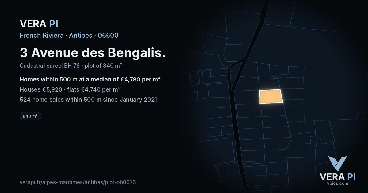 3 Avenue des Bengalis, Antibes at night – the plot lit, the parcels around coloured by the prices near them