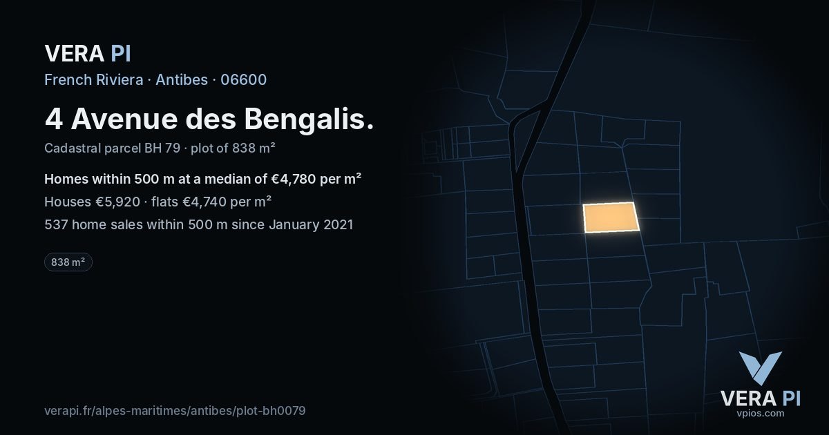 4 Avenue des Bengalis, Antibes at night – the plot lit, the parcels around coloured by the prices near them