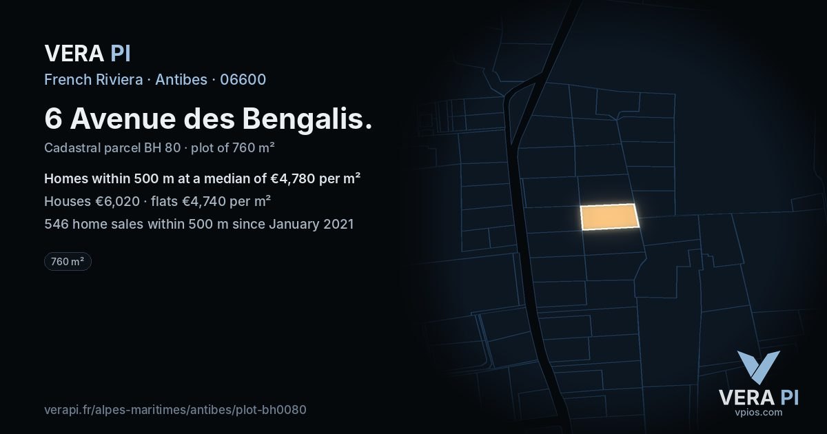 6 Avenue des Bengalis, Antibes at night – the plot lit, the parcels around coloured by the prices near them