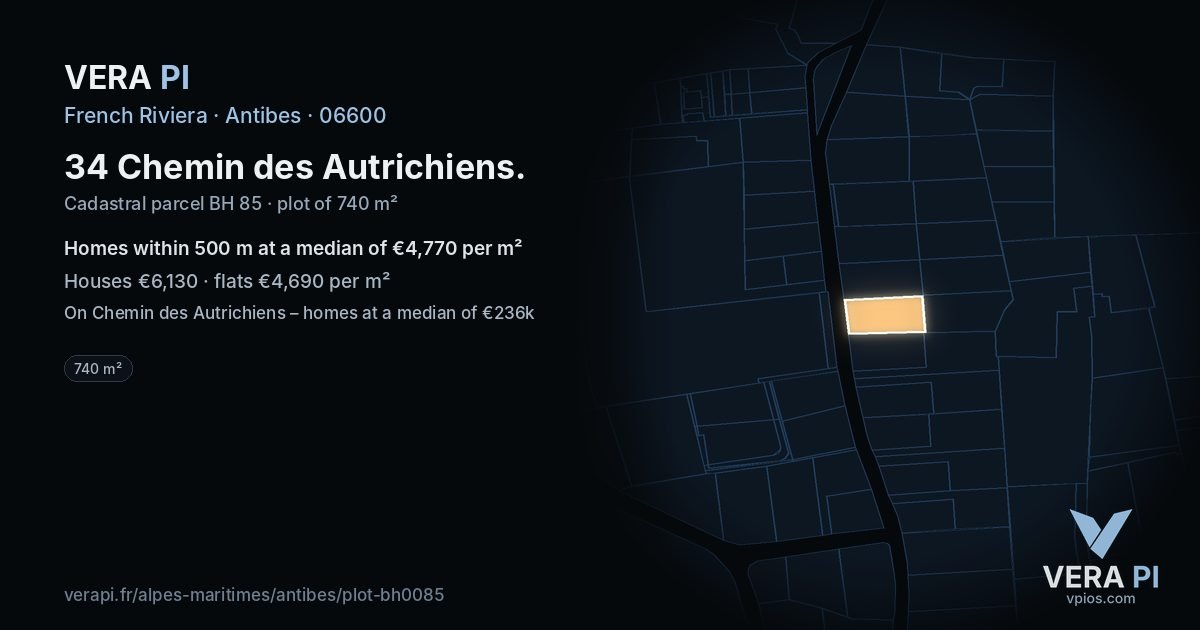 34 Chemin des Autrichiens, Antibes at night – the plot lit, the parcels around coloured by the prices near them