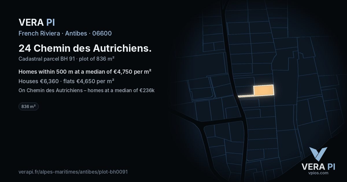 24 Chemin des Autrichiens, Antibes at night – the plot lit, the parcels around coloured by the prices near them
