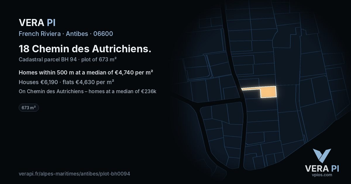 18 Chemin des Autrichiens, Antibes at night – the plot lit, the parcels around coloured by the prices near them