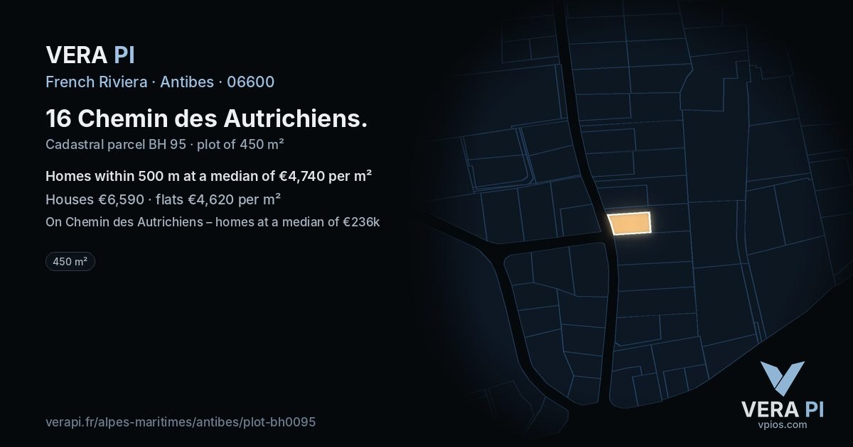 16 Chemin des Autrichiens, Antibes at night – the plot lit, the parcels around coloured by the prices near them