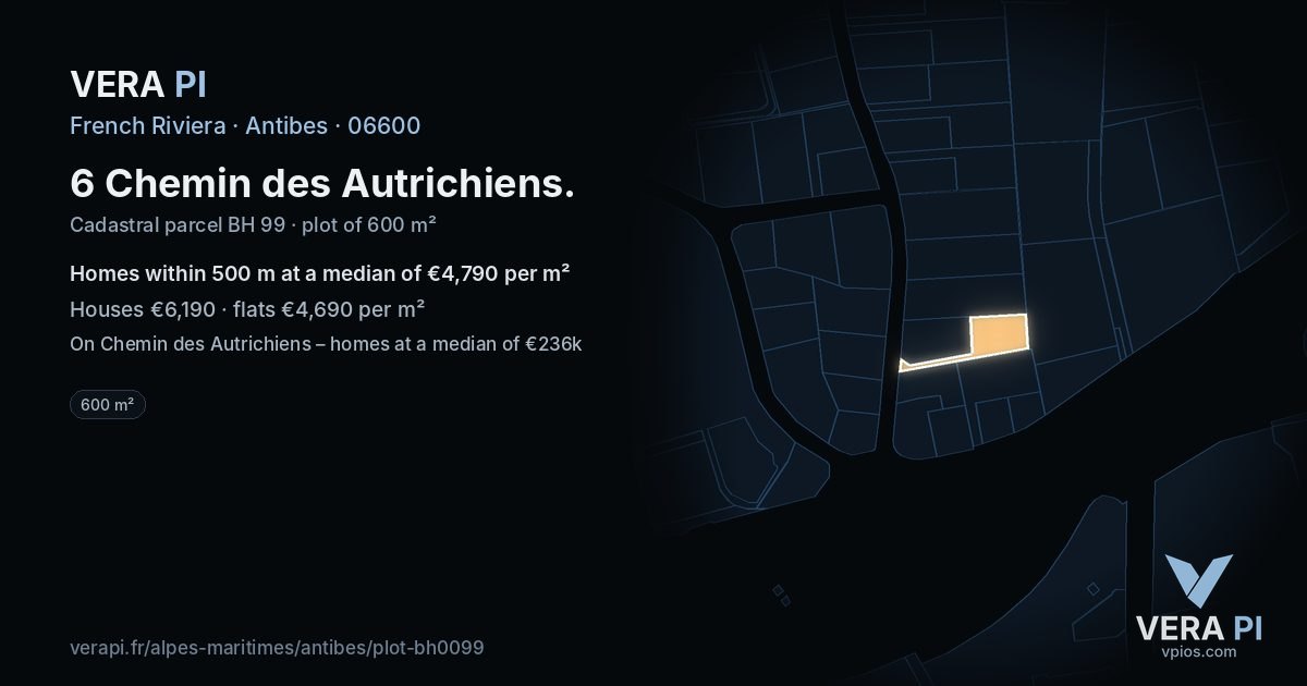 6 Chemin des Autrichiens, Antibes at night – the plot lit, the parcels around coloured by the prices near them