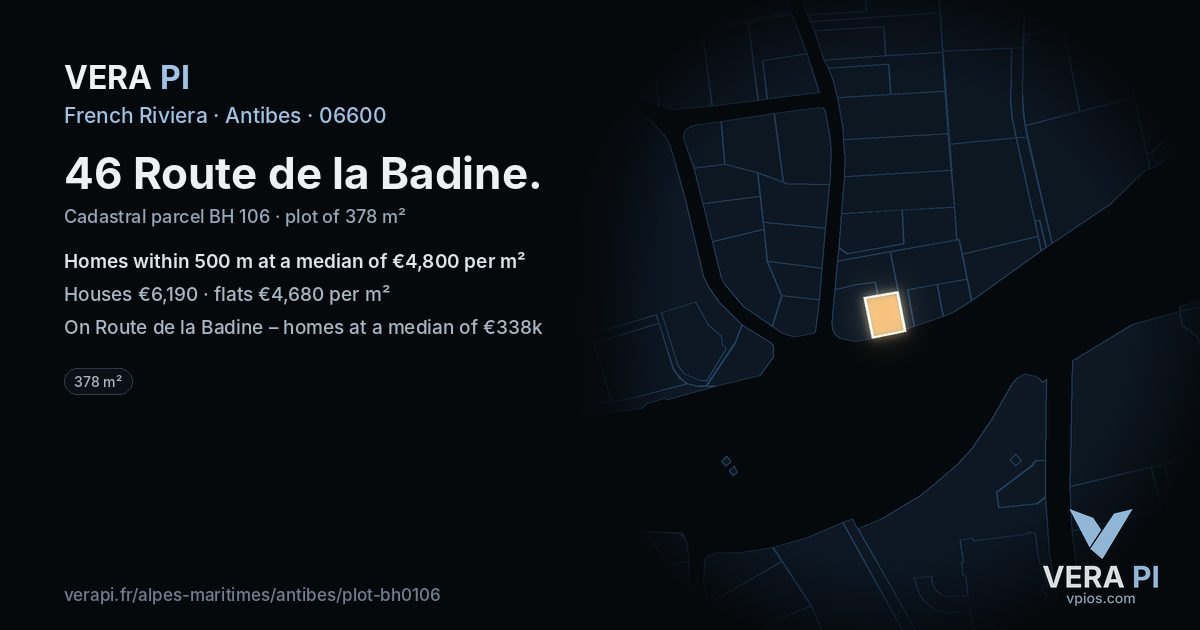 46 Route de la Badine, Antibes at night – the plot lit, the parcels around coloured by the prices near them