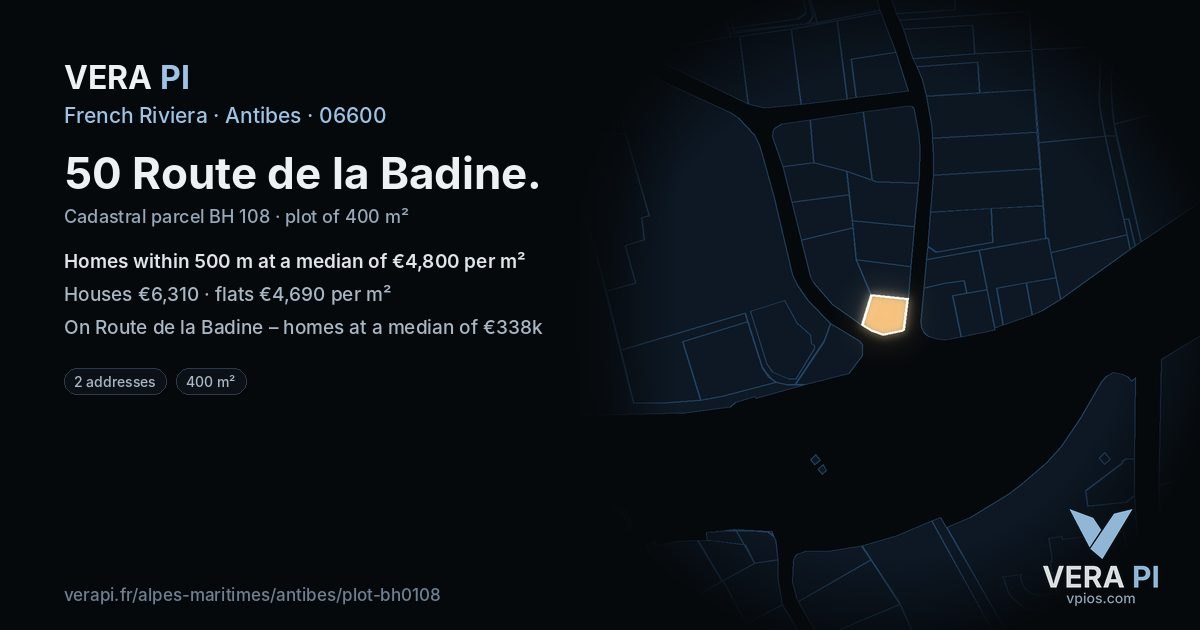 50 Route de la Badine, Antibes at night – the plot lit, the parcels around coloured by the prices near them
