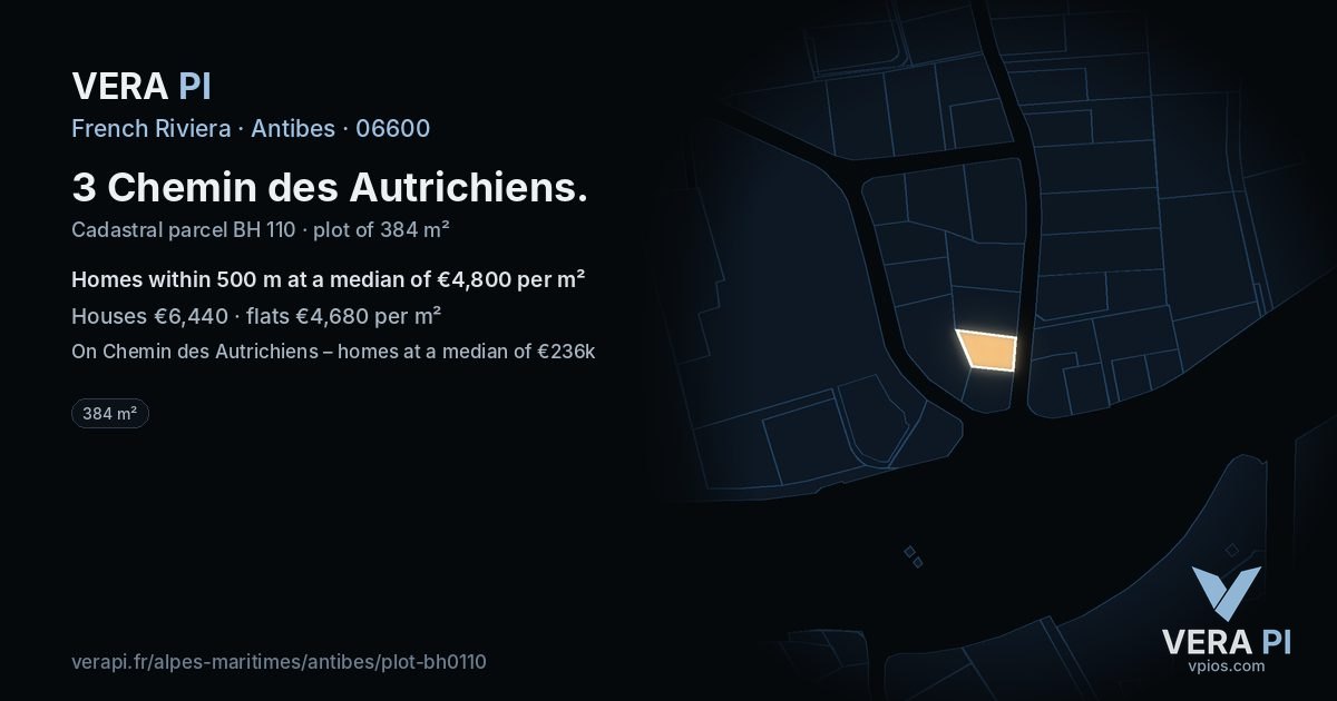 3 Chemin des Autrichiens, Antibes at night – the plot lit, the parcels around coloured by the prices near them