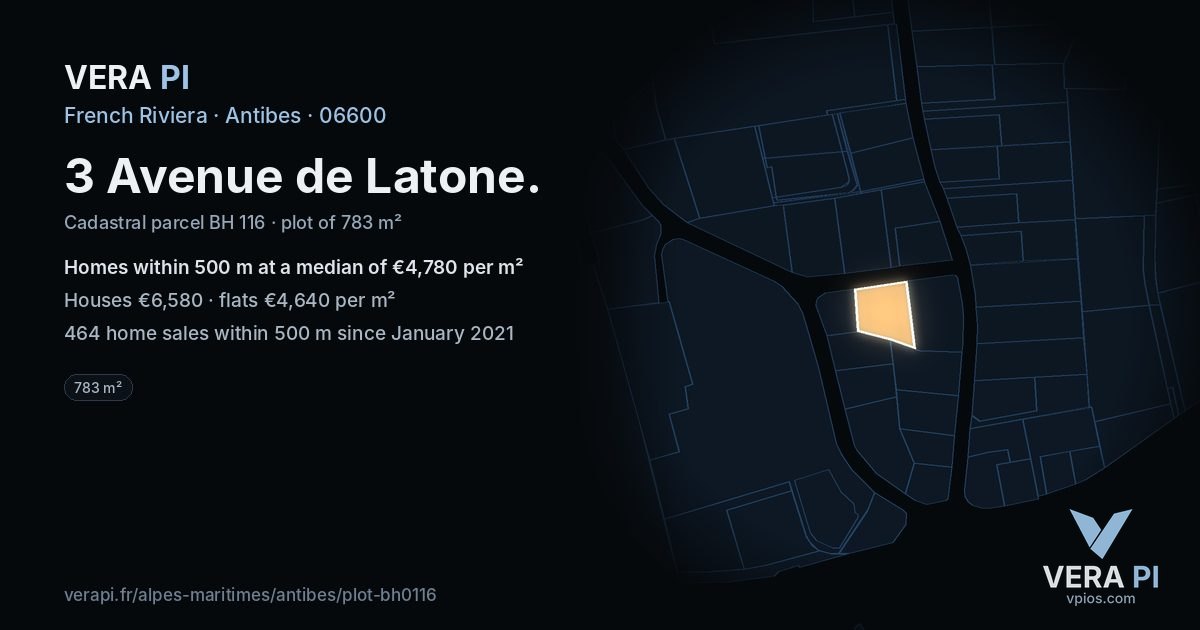 3 Avenue de Latone, Antibes at night – the plot lit, the parcels around coloured by the prices near them
