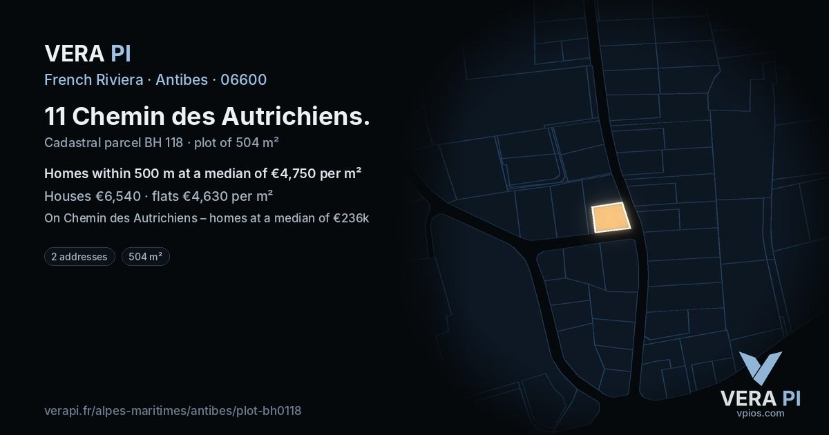 11 Chemin des Autrichiens, Antibes at night – the plot lit, the parcels around coloured by the prices near them