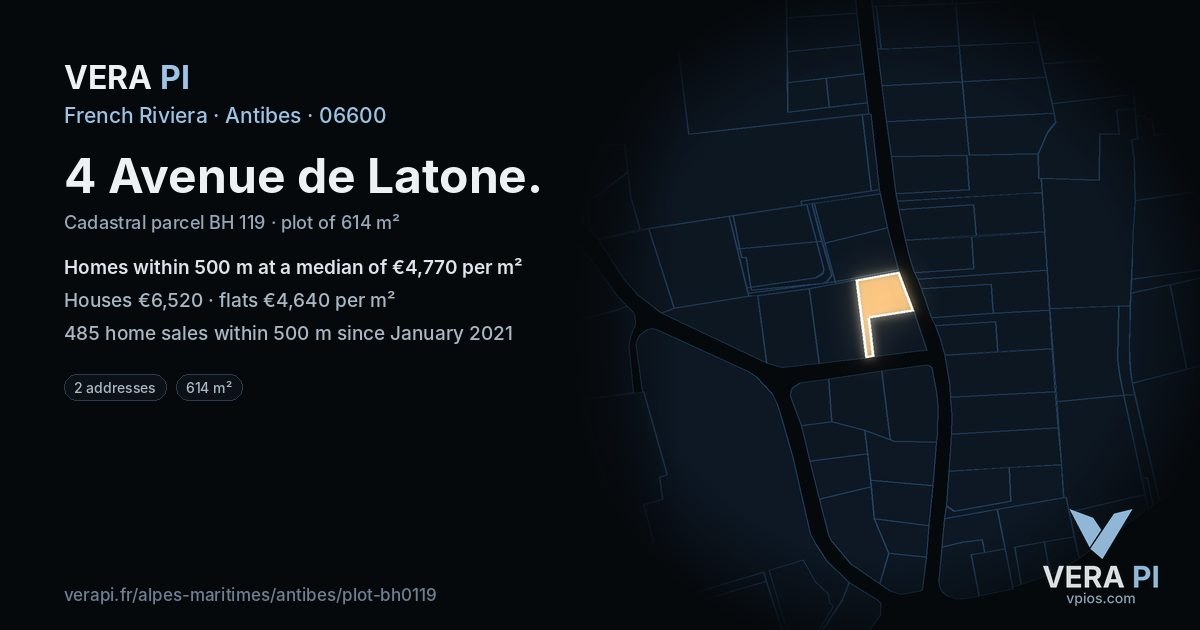 4 Avenue de Latone, Antibes at night – the plot lit, the parcels around coloured by the prices near them